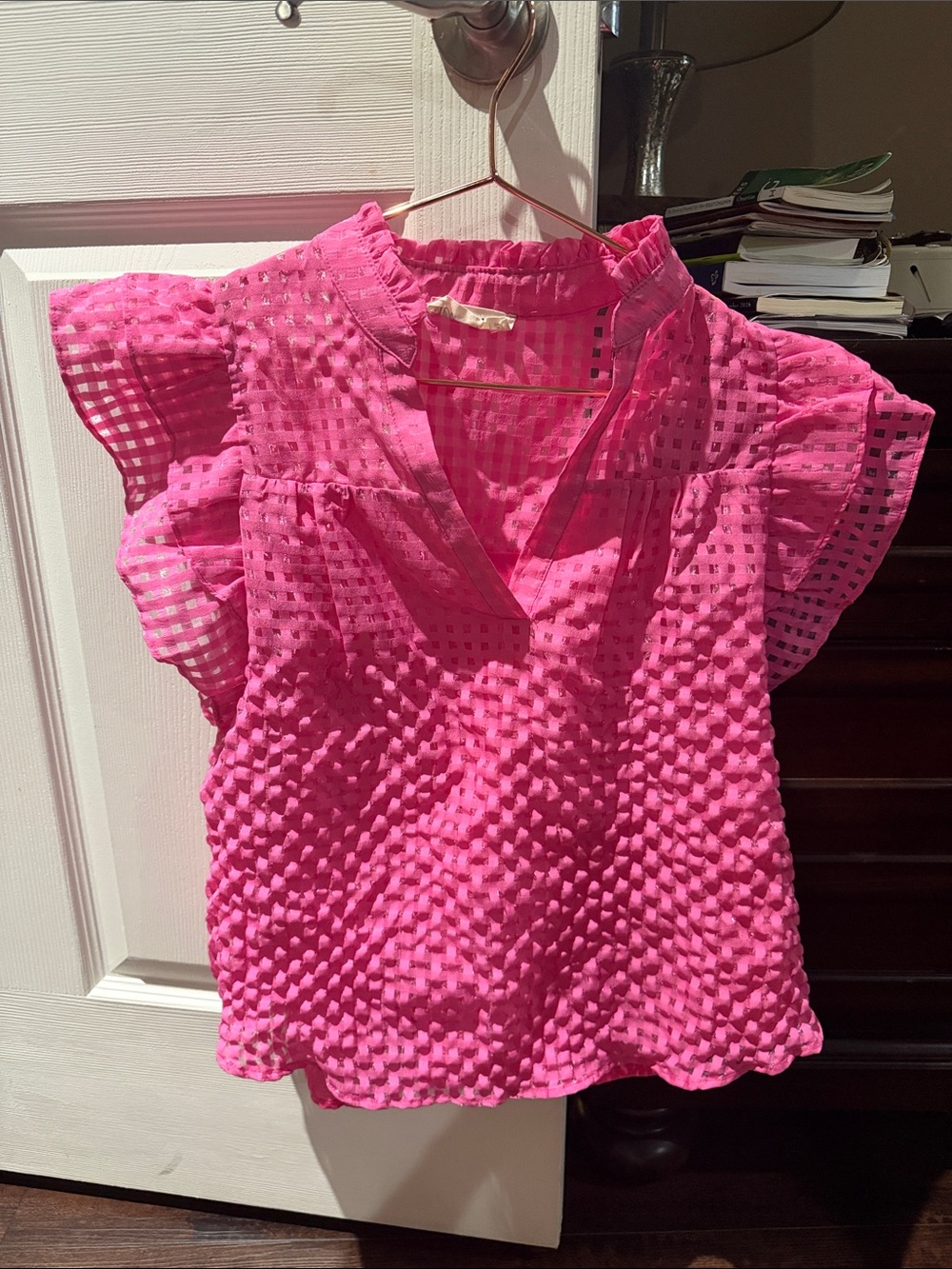 Vibrant Pink Flutter Sleeve Textured Blouse